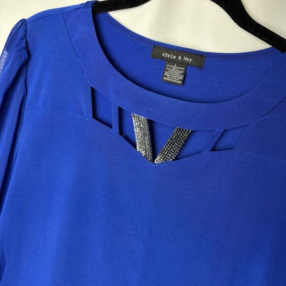 Elegant Royal Blue Women's Blouse Flowy 3/4 Sleeve Large - Picture 5 of 8